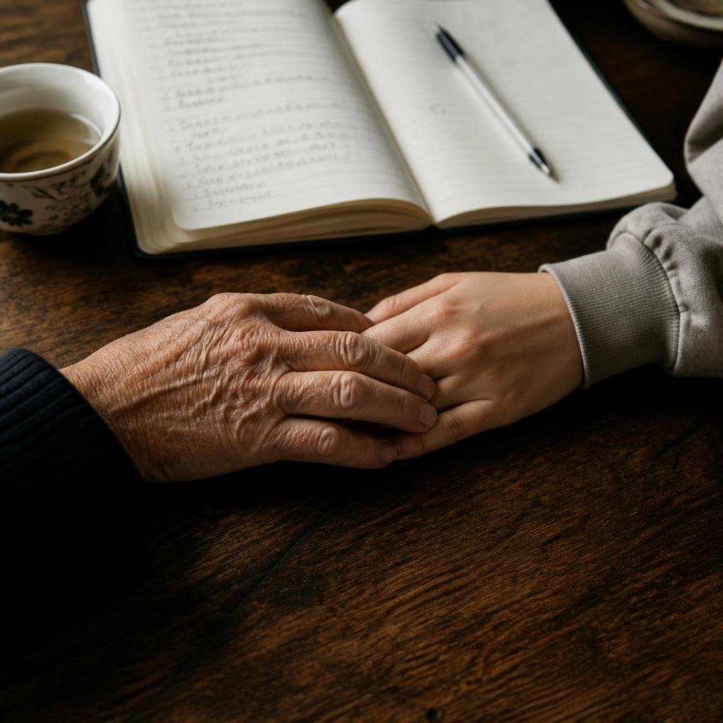 Two people's hands resting on a table during a conversation
